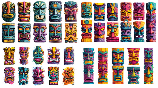 Vibrant tiki mask illustrations with bold colors, carved details, and expressive tribal faces. Perfect for tropical themes, cultural artwork, decoration, and creative design projects.