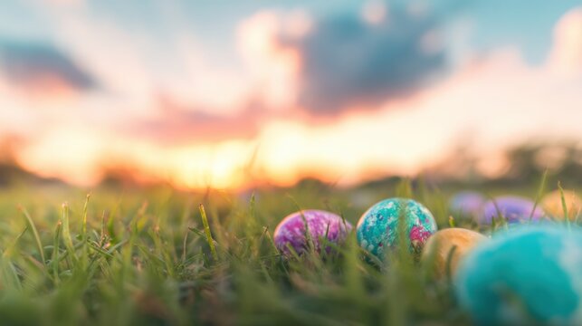 Colorful Easter eggs resting on green grass at sunset in a serene park - Powered by Adobe