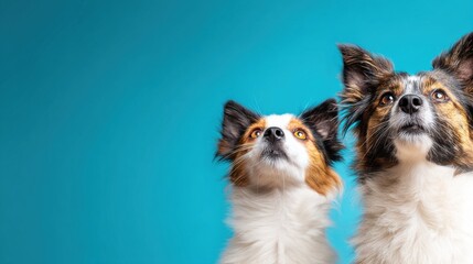 Fototapeta premium Dogs looking up attentively against a bright blue background