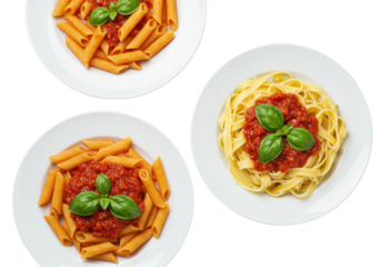 Three white ceramic plates with al dente penne and fettuccine pasta, rich red tomato sauce, fresh green basil, flat lay, top-down view, transparent background, copy space, authentic Italian cuisine