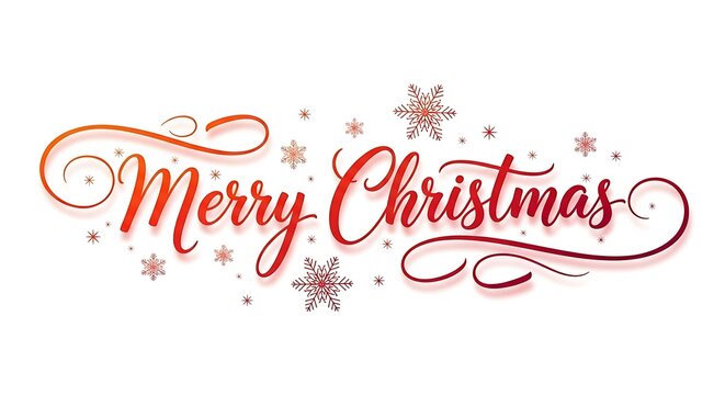 Elegant Merry Christmas Calligraphy Text with Red Snowflakes on White Background