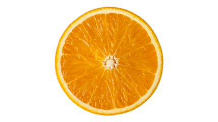 Close up of a vibrant orange citrus fruit slice showing juicy segments and pulp isolated on transparent background