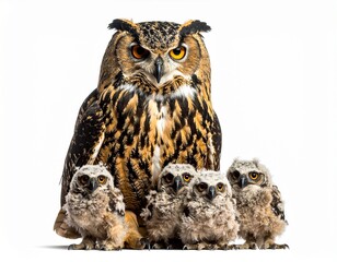 Obraz premium Owl with some chicks on white
