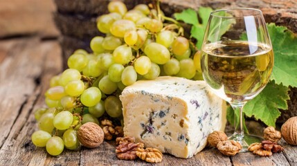 Delicious cheese, fresh grapes, and white wine on a rustic wooden table