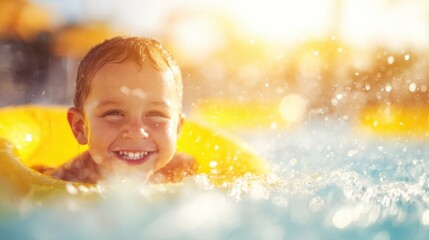 Smiling child enjoying a sunny day in a pool with a bright yellow float