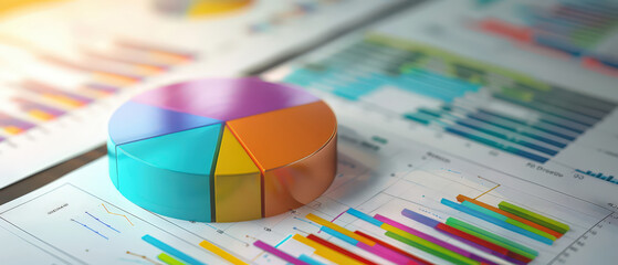 Vibrant 3D pie chart placed on financial documents with bar and line graphs, representing data analysis, reporting and business performance metrics.