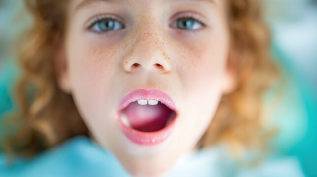 Child at dentist visit opening mouth for examination during dental checkup