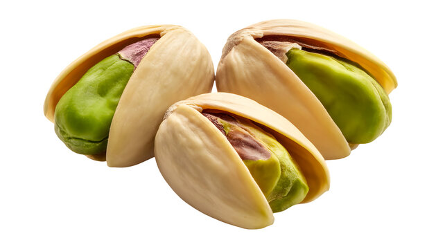 Three delicious green pistachios with their shells open revealing the nut inside isolated on transparent background