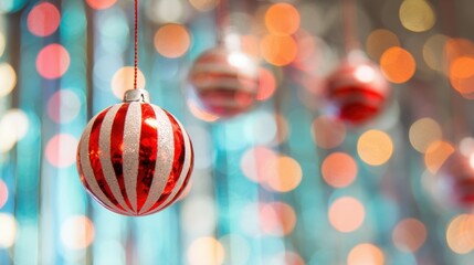 Fototapeta premium Decorative red and white ornament hanging among colorful lights