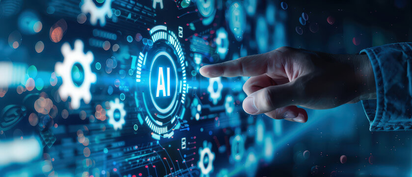 Hand interacting with a futuristic digital interface featuring glowing data, cyber elements and high-tech visuals. Concept of innovation, ai, analytics and advanced technology. - Powered by Adobe