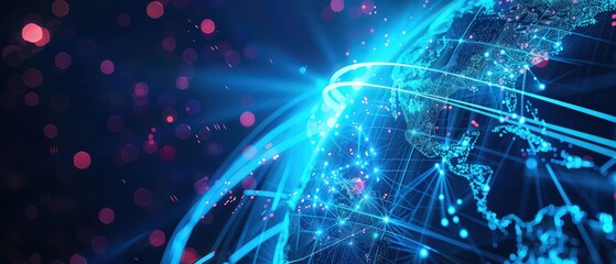 Futuristic glowing world map with bright blue network lines and data points forming global digital connections, symbolizing communication, technology, worldwide links and information flow.