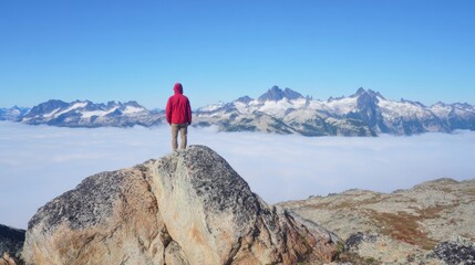 Hiker stands on a rock overlooking mountains and clouds at sunrise