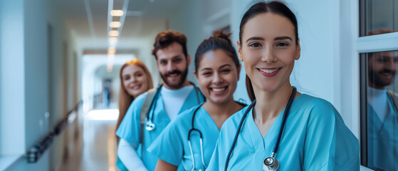 A diverse group of smiling healthcare workers walking through a bright hospital corridor, representing teamwork, medical support, professional care and a positive clinical environment.