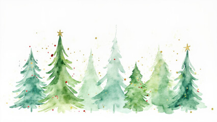 Watercolor Christmas trees with gold stars and festive holiday accents