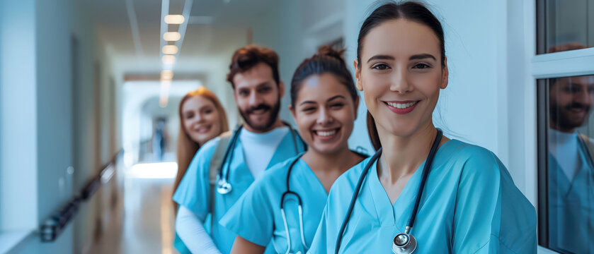 A diverse group of smiling healthcare workers walking through a bright hospital corridor, representing teamwork, medical support, professional care and a positive clinical environment.
