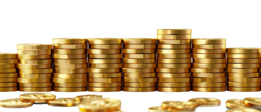 Shiny stacks of gold coins arranged in multiple columns on a transparent background, symbolizing wealth, savings, financial success, investment growth and economic prosperity.