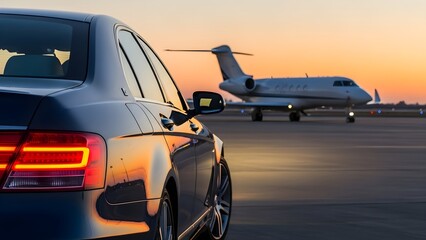 Luxury Travel Private Jet and Car on the Airport Runway at Sunset