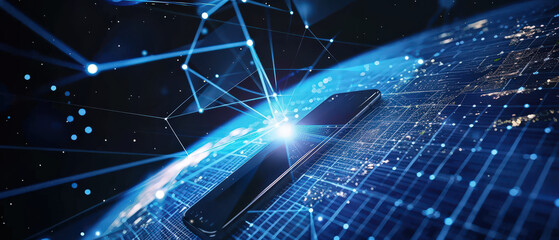 Futuristic smartphone receiving satellite signals above Earth, with glowing digital beams, global communication, space technology, and high-tech data transfer visualized in deep blue tones.