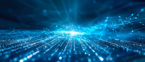 Blue glowing digital network with connected nodes and light beams, abstract data flow background symbolizing technology, communication, innovation and high-speed information transfer in a futuristic.