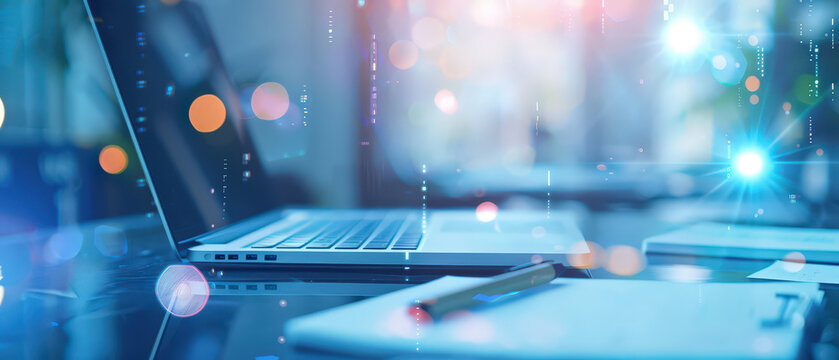 Modern workspace with open laptop, documents and glowing digital light overlay. Futuristic data elements create a high-tech atmosphere, highlighting technology, workflow and productivity. - Powered by Adobe