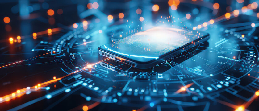 Futuristic smartphone on a glowing cyber network surface, surrounded by digital circuits, neon highlights and holographic data elements, symbolizing high-tech innovation, connectivity and technology.