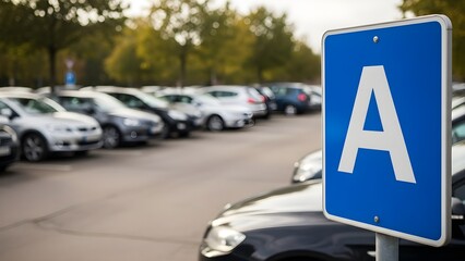 Parking Spot Marked with A Sign in a Busy Parking Lot with Cars