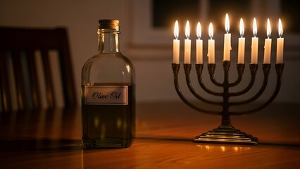 Glass bottle of oil next to menorah with candles on wooden table  