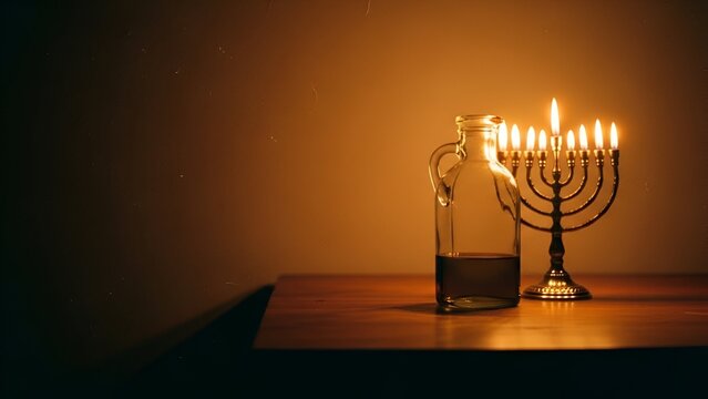 A menorah with lit candles and a bottle of oil on a wooden table.