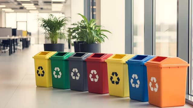 Colorful Recycling Bins Arranged in a Row Indoors Near a Bright Window With Green Plants
