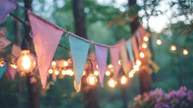 Colorful bunting and string lights in a forest setting during evening