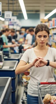 Young woman looking at her watch impatiently in a supermarket checkout line with a shopping cart, frustrated by long waiting time.