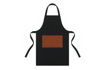 Black cooking apron with brown pocket area, ideal for chef, baker, barista uniform, workwear, food service, transparent