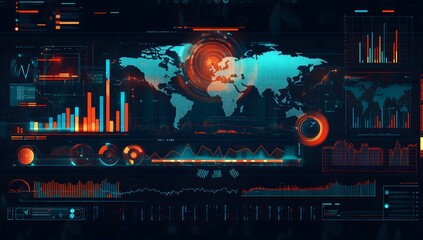 Futuristic digital interface displaying global data analytics with glowing charts and world map visualization in a dark technological environment