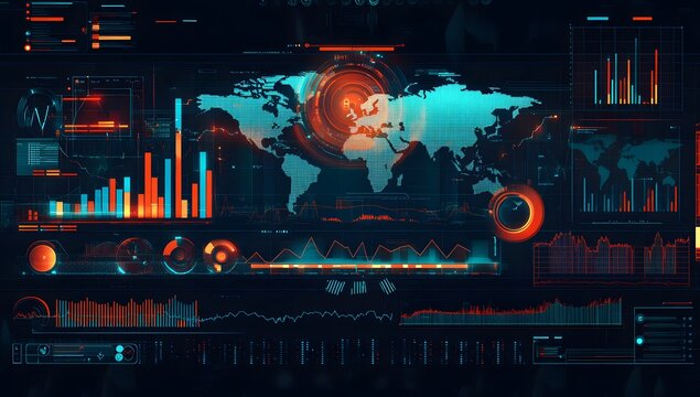 Futuristic digital interface displaying global data analytics with glowing charts and world map visualization in a dark technological environment - Powered by Adobe