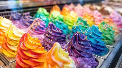 Fototapeta premium Colorful swirl ice cream treats displayed in a vibrant ice cream shop