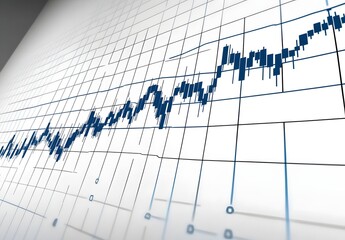 Close up view of a financial stock market graph showing upward trend and fluctuating data points on a grid background