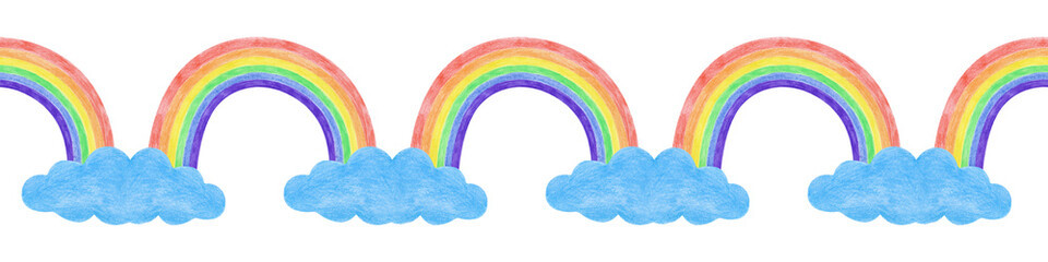 A seamless horizontal frame with multicolored rainbows and blue clouds is drawn with pencils on an isolated background. Bright, positive, repetitive drawing with colored pencils for textiles and