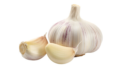 Fresh whole garlic bulb with two cloves peeled and separated isolated on transparent background