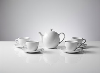 Tea set porcelain. White teapot and cups arranged on a reflective surface  