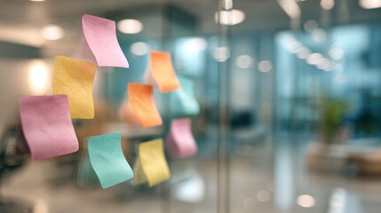 Colorful sticky notes on a glass wall in a modern office environment
