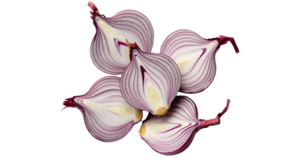 Freshly sliced red onion halves revealing layers and texture isolated on transparent background