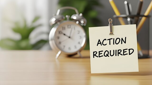 Action Required Note with Alarm Clock on Desk for Reminder and Priority