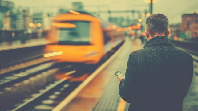 Man waits at train station while using smartphone in evening lights