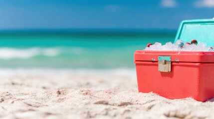 Bright red cooler on sandy beach with turquoise ocean in background