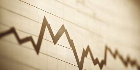 Close up of a financial chart showing a downward trend with fluctuating lines indicating market volatility and economic performance over time