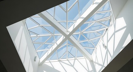 Geometric skylight with white beams and blue sky view