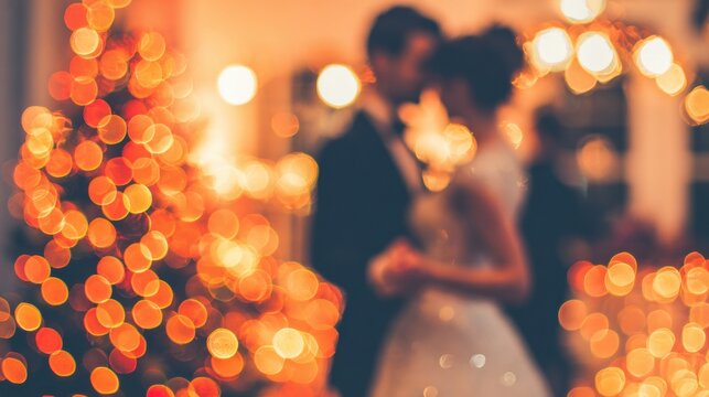 Romantic couple dancing near a beautifully decorated Christmas tree