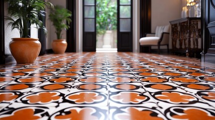 A beautifully designed hallway showcases intricate tiled patterns, inviting lush greenery and elegance into the space
