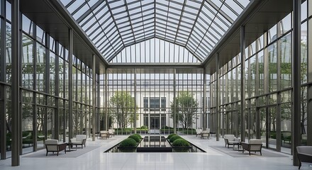 Interior view of glass atrium with seating and water feature