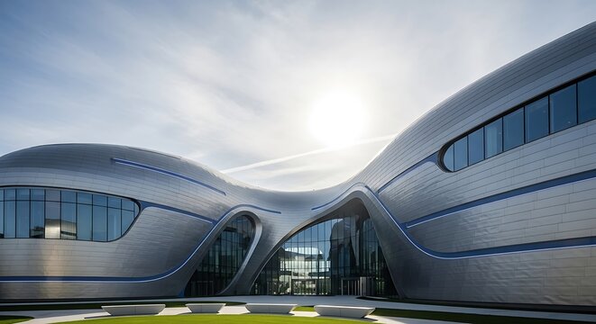 Futuristic architecture with curved metal and glass facade - Powered by Adobe